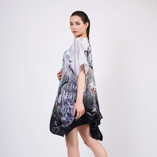 %100 İpek Kısa Kimono Pareo | Tavus Kuşu Desen | Nomads Felt