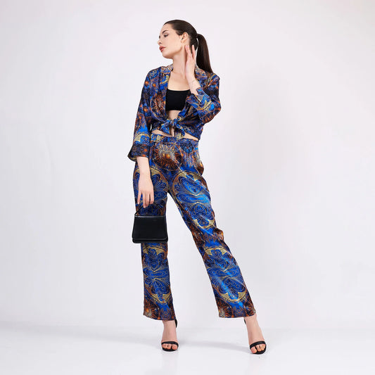 Saf İpek Gömlek-Pantolon-Pijama Takımı | Mandala Desen Saks Mavi | Nomads Felt