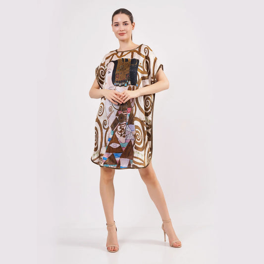 %100 İpek Kısa Elbise | Gustav Klimt Expectation | Nomads Felt