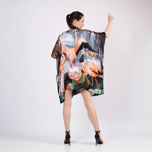 %100 İpek Kısa Kimono Pareo | Flamingo Desen | Nomads Felt