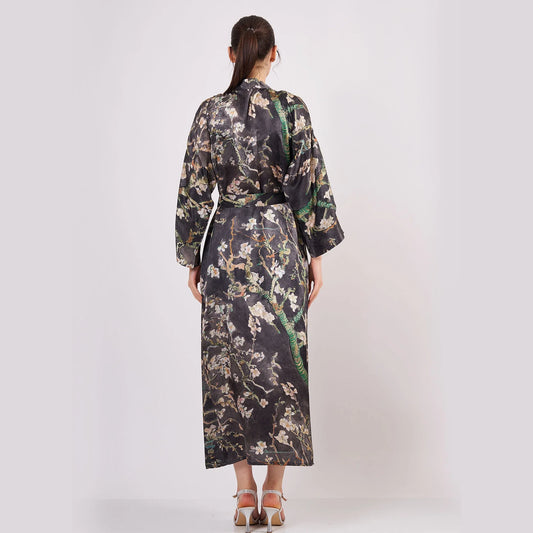 %100 İpek Kimono Kaftan | Antrasit | Van Gogh Badem Ağacı | Nomads Felt