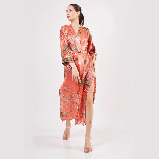 %100 İpek Kimono Kaftan | Nar Çiçeği | Van Gogh Badem Ağacı | Nomads Felt