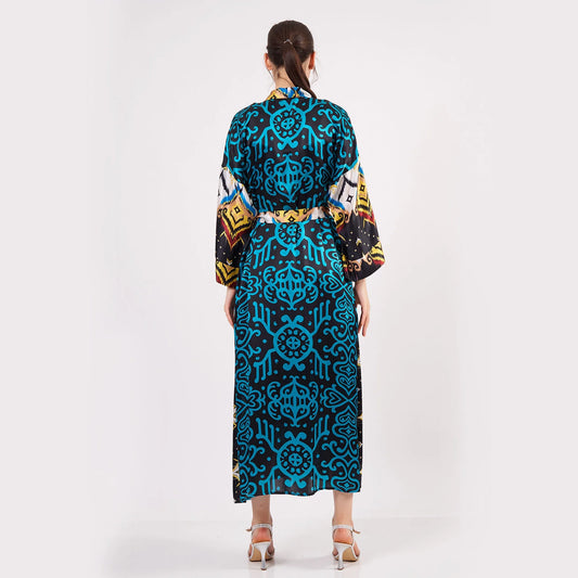 %100 İpek Uzun Kimono Kaftan | İkat Desen Turkuaz | Nomads Felt