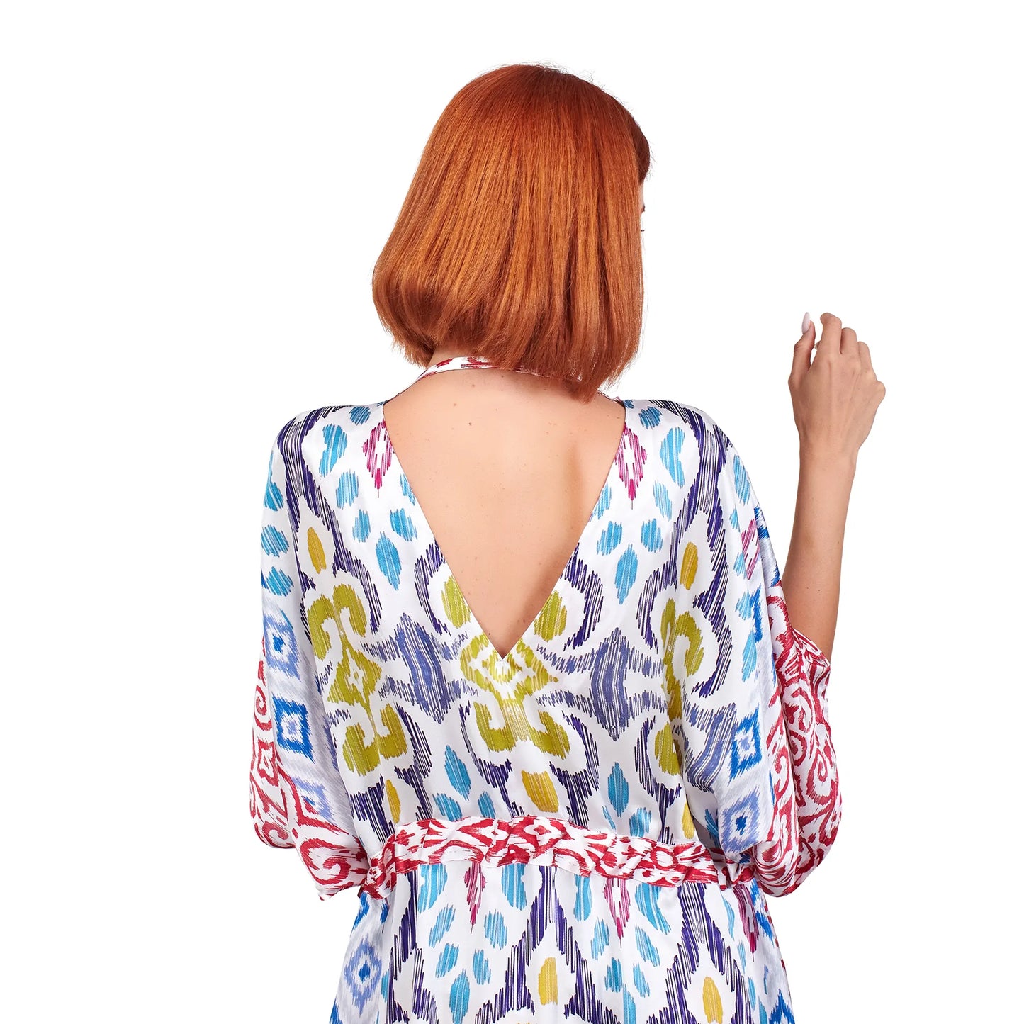 İpek Pembe Yeşil Kimono Elbise Etnik İkat Desen | Nomads Felt