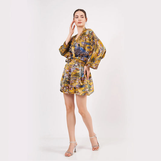 Saf İpek Kısa Kimono Kaftan | Gold Desenli | Nomads Felt