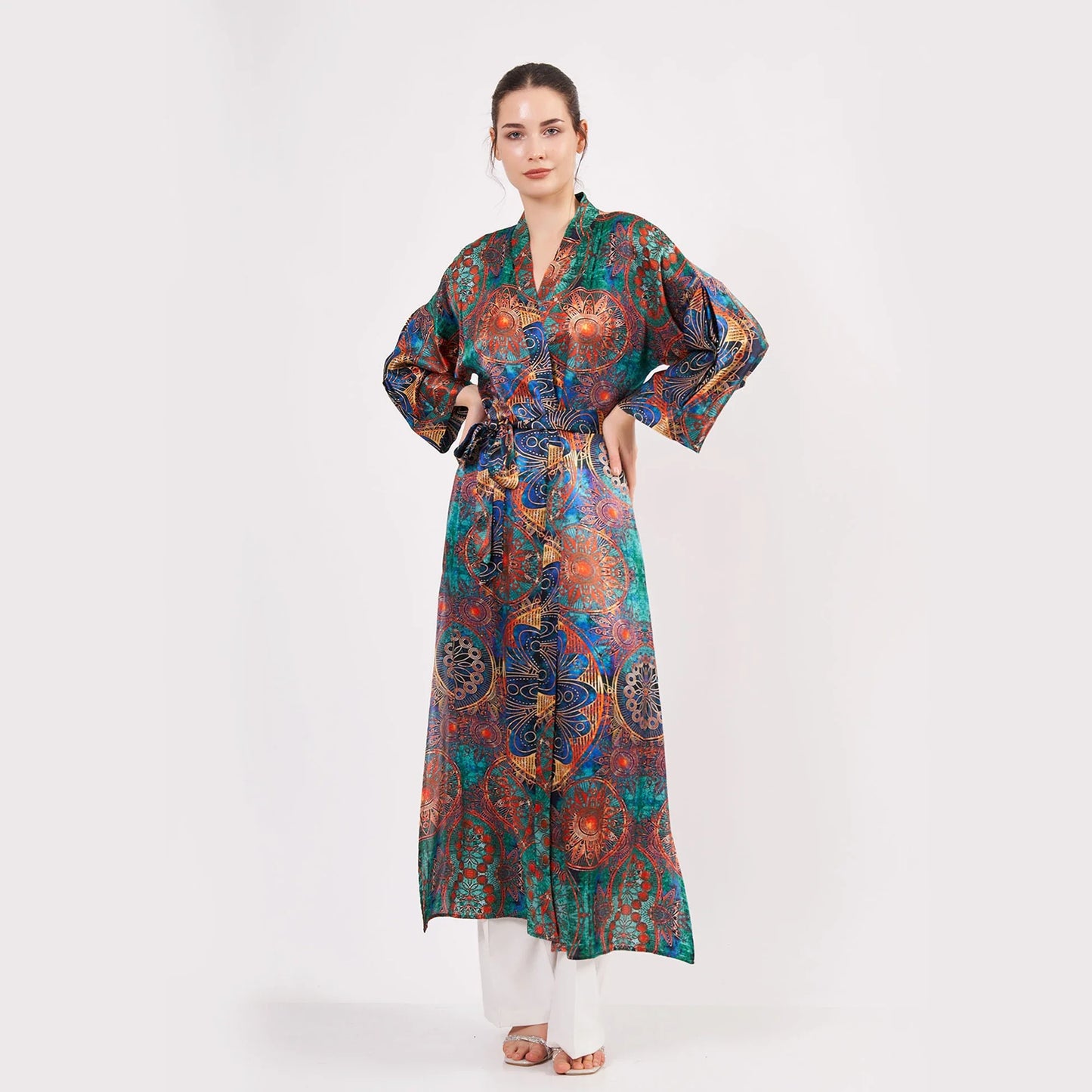 Saf İpek Uzun Kimono Kaftan | Yeşil Mandala Desen 4 | Nomads Felt