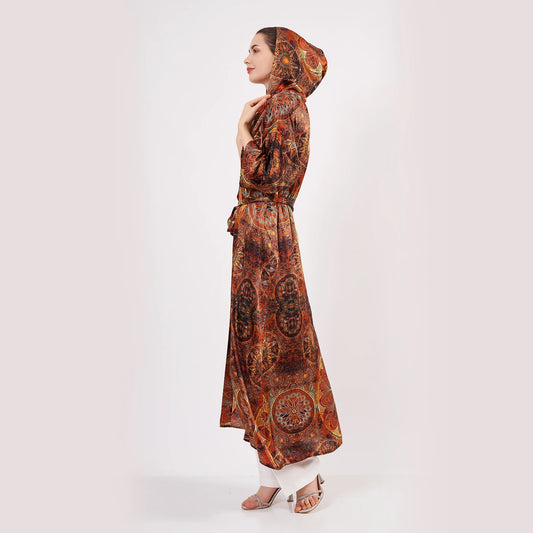 İpek Kapüşonlu Kimono Kaftan | Mandala Desen Kahverengi | Nomads Felt