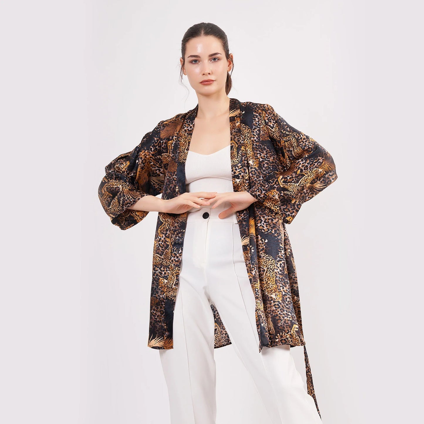 Saf İpek Kısa Kimono Kaftan | Leopar Desen | Nomads Felt
