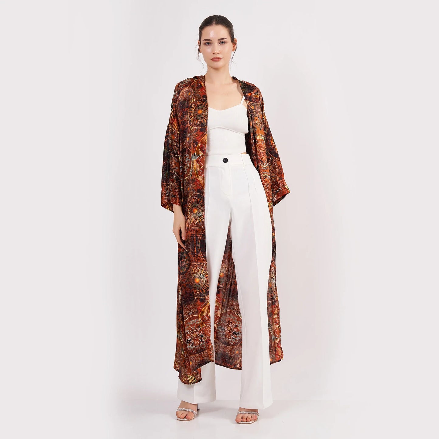 İpek Kapüşonlu Kimono Kaftan | Mandala Desen Kahverengi | Nomads Felt