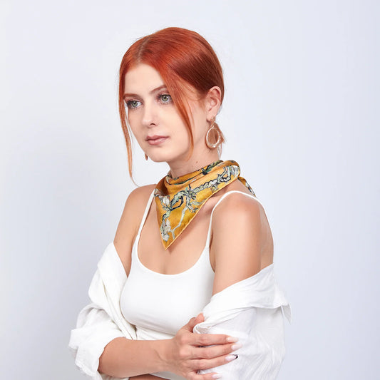 Saf İpek Bandana Fular | 55x55 cm | Van Gogh Badem Ağacı Gold | Nomads Felt