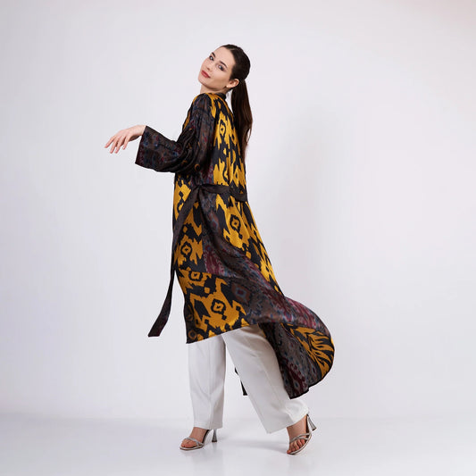 İpek Uzun Kimono Kaftan | Siyah-Gold Ikat Desen