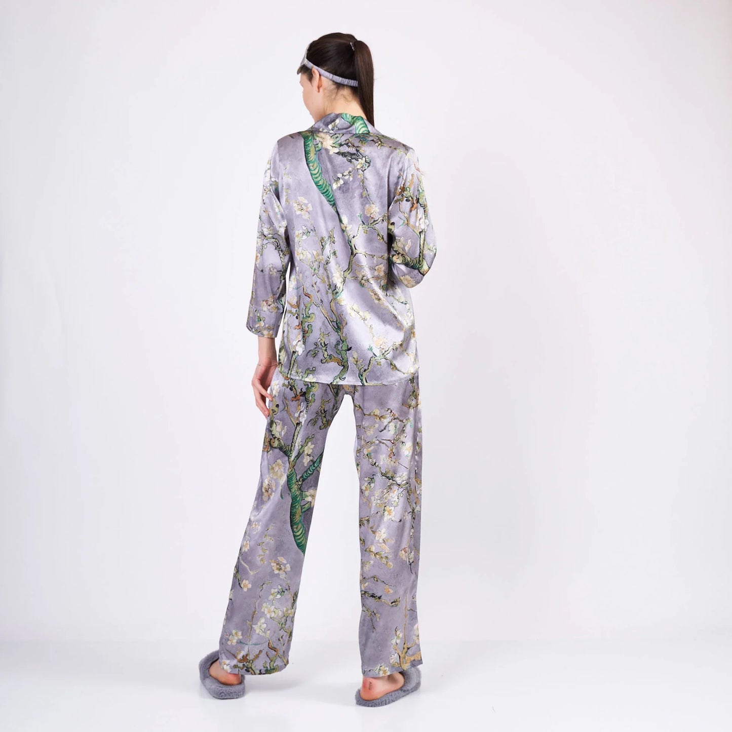 Saf İpek Gömlek-Pantolon-Pijama Takımı | Van Gogh Badem Ağacı Gri | Nomads Felt
