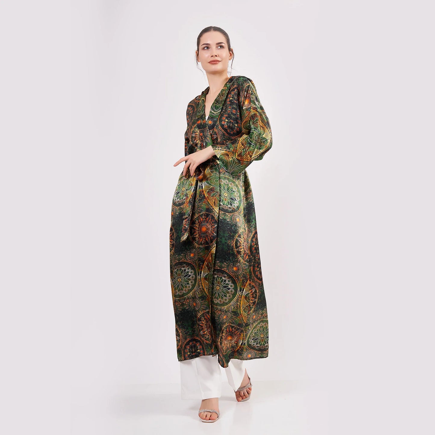 Saf İpek Kapüşonlu Kimono Kaftan | Mandala Desen Haki | Nomads Felt