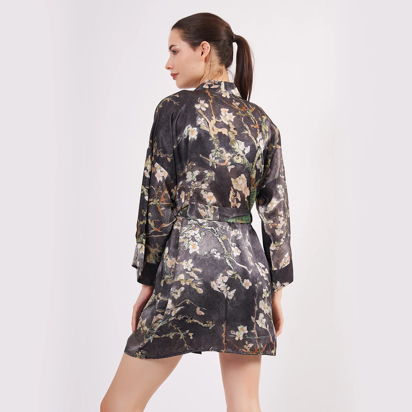 Saf İpek Kısa Kimono Kaftan | Van Gogh Badem Ağacı Antrasit | Nomads Felt