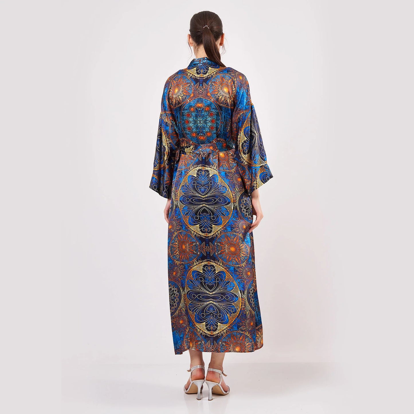 Saf İpek Uzun Kimono Kaftan | Mavi Mandala Desen 1 | Nomads Felt