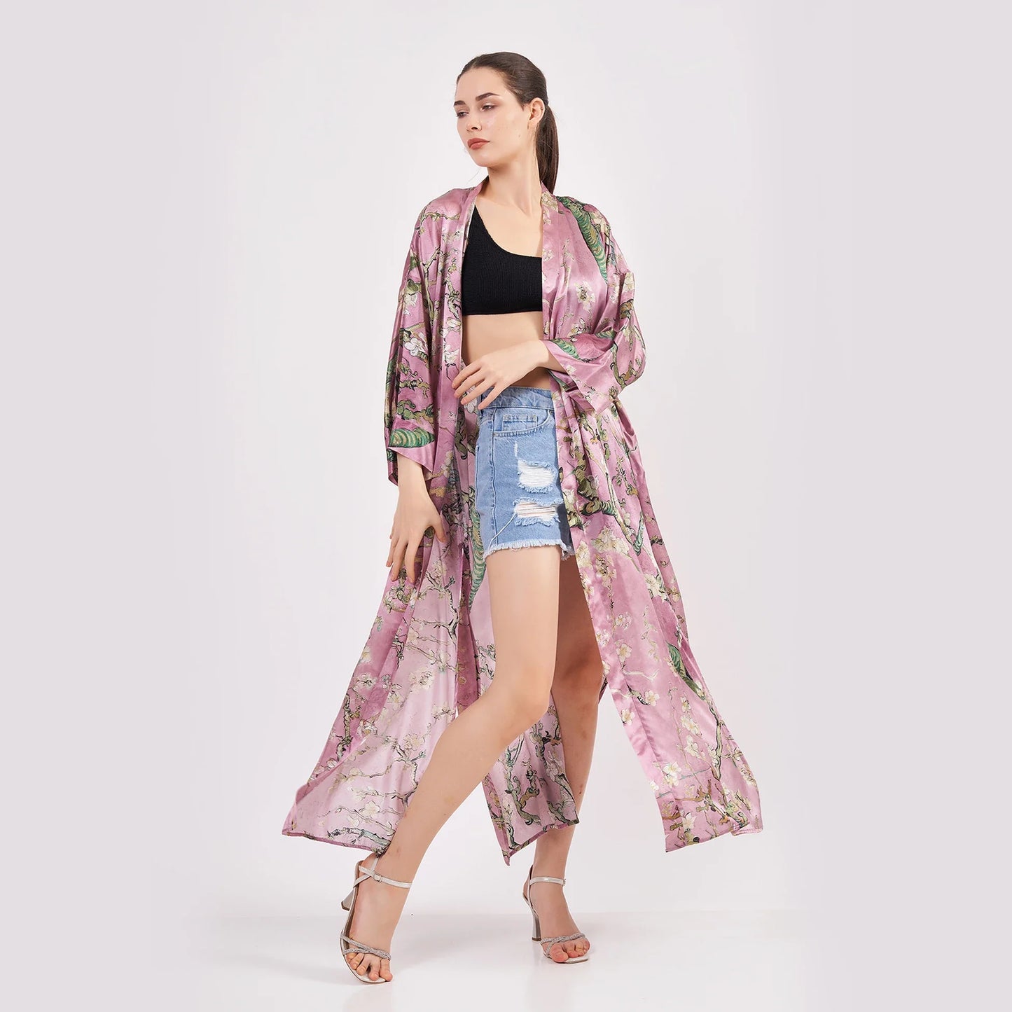 100% İpek Uzun Kimono Kaftan | Pembe | Van Gogh Badem Ağacı | Nomads Felt