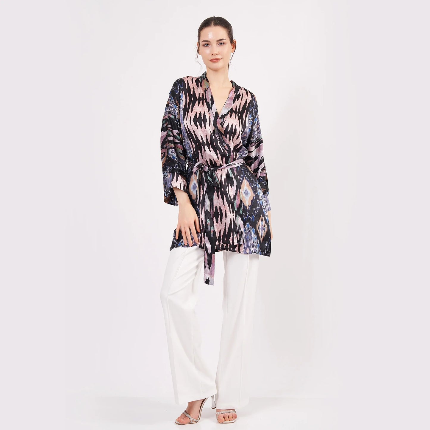 Saf İpek Kısa Kimono Kaftan | Ikat Desen 7 | Nomads Felt