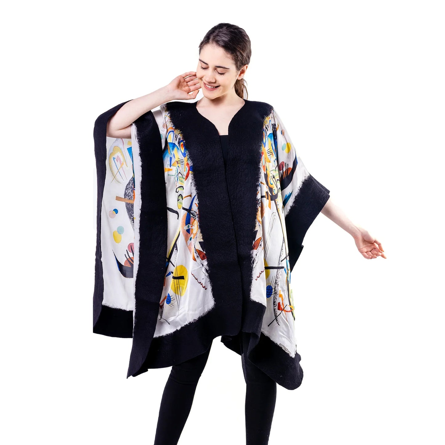 İpek-Keçe Panço | Siyah Kandinsky Blue Segment | Nomads Felt
