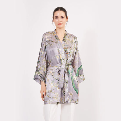Saf İpek Kısa Kimono Kaftan | Van Gogh Badem Ağacı Gri | Nomads Felt
