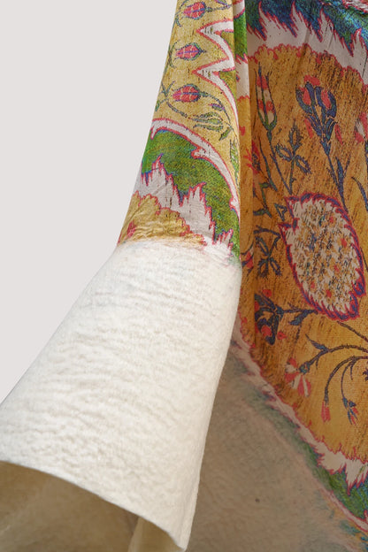 Sarı Yeşil Motif Desenli İpek Keçe Panço