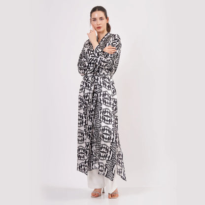 Saf İpek Uzun Kimono Kaftan | Siyah-Beyaz Desenli | Nomads Felt