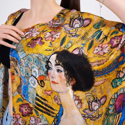 %100 İpek Kısa Kimono Pareo | Gustav Klimt Lady with Fan-Yelpazeli Kadın | Nomads Felt