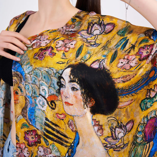 %100 İpek Kısa Kimono Pareo | Gustav Klimt Lady with Fan-Yelpazeli Kadın | Nomads Felt