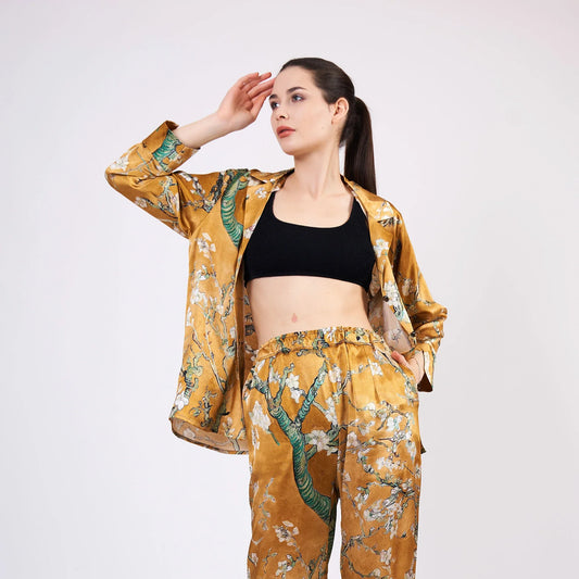Saf İpek Gömlek-Pantolon-Pijama Takımı | Van Gogh Badem Ağacı Gold | Nomads Felt