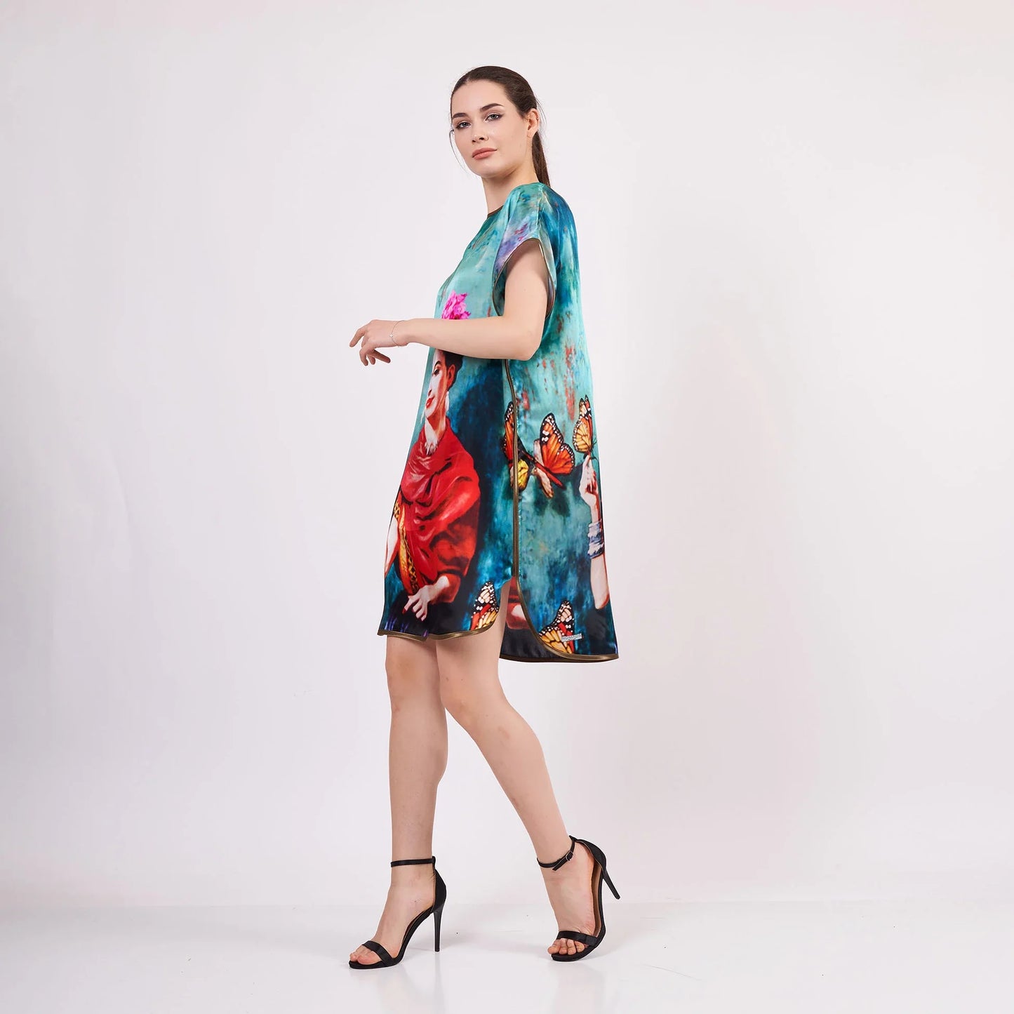 Saf İpek Kısa Elbise | Frida Kahlo 3 | Nomads Felt