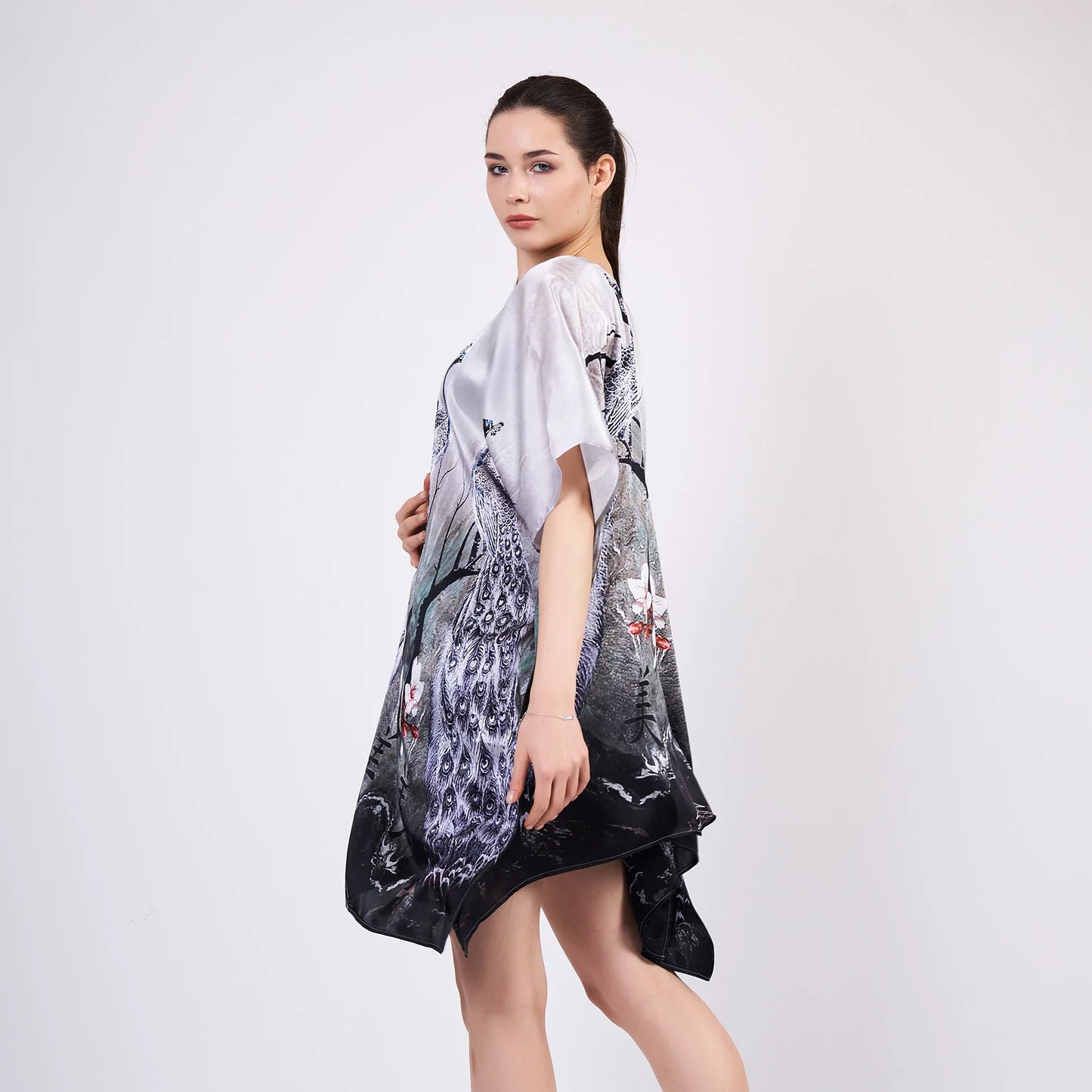 %100 İpek Kısa Kimono Pareo | Tavus Kuşu Desen | Nomads Felt