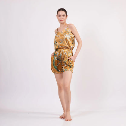 100% İpek Askılı Şort Pijama Takımı | Van Gogh Badem Ağacı Gold | Nomads Felt