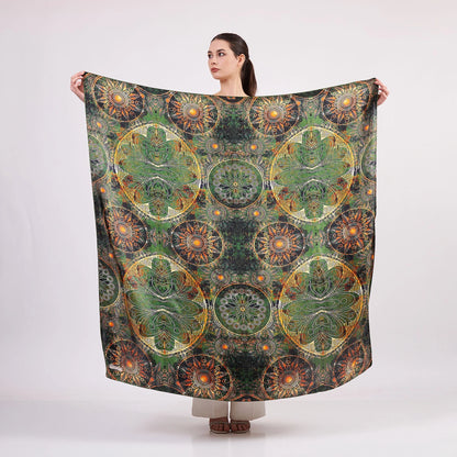 100% İpek Şal Fular| Mandala Desen | 140 cm | Haki | Nomads Felt