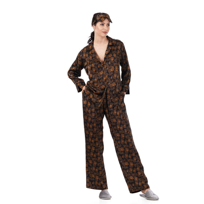 %100 İpek Gömlek-Pantolon-Pijama Takımı | Ananas Desen | Nomads Felt