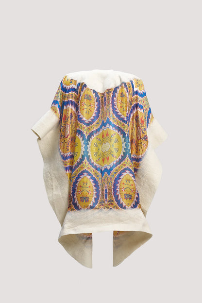 Sarı Mavi Motif Desenli İpek Keçe Panço