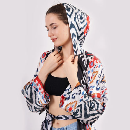 Saf İpek Kapüşonlu Kimono Kaftan | Kırmızı Siyah İkat Desen | Nomads Felt