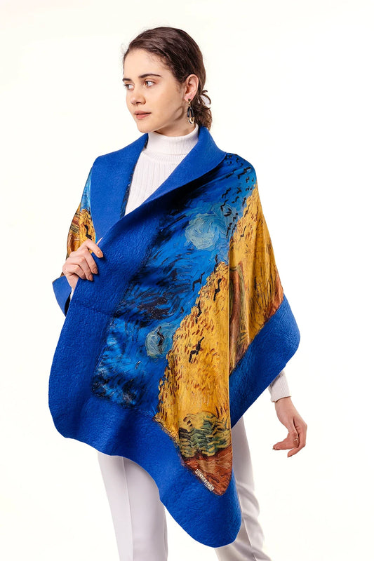İpek-Keçe Şal | Mavi Van Gogh Wheatfield with Crows | Nomads Felt