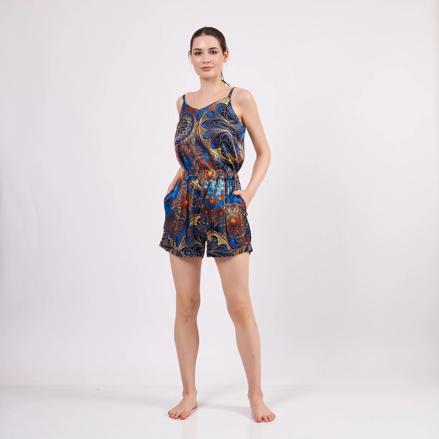100% İpek Askılı Şort Pijama Takımı | Mandala Desen Mavi | Nomads Felt