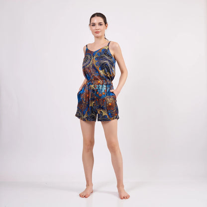 100% İpek Askılı Şort Pijama Takımı | Mandala Desen Mavi | Nomads Felt