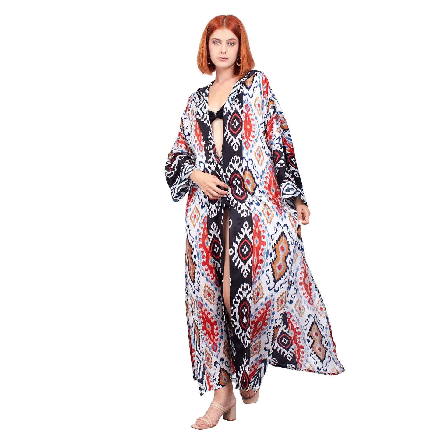 %100 İpek Kapüşonlu Kimono | Siyah İkat Desen 5 | Nomads Felt