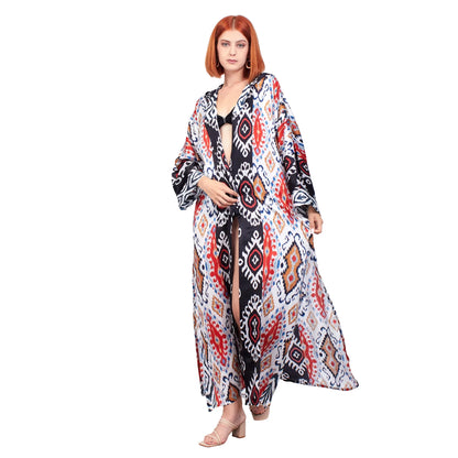 %100 İpek Kapüşonlu Kimono | Siyah İkat Desen 5 | Nomads Felt