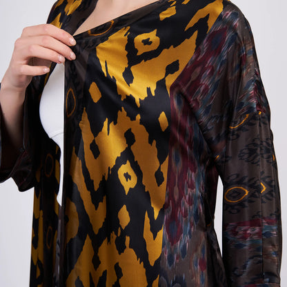 İpek Uzun Kimono Kaftan | Siyah-Gold Ikat Desen