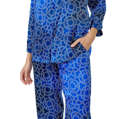 %100 İpek Gömlek-Pantolon / Pijama Takımı | Mavi-Lacivert Desenli | Nomads Felt