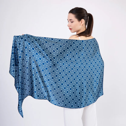 Saf İpek Fular | Mavi | Unisex | Selçuklu Vektörel Yıldız Desen | Nomads Felt