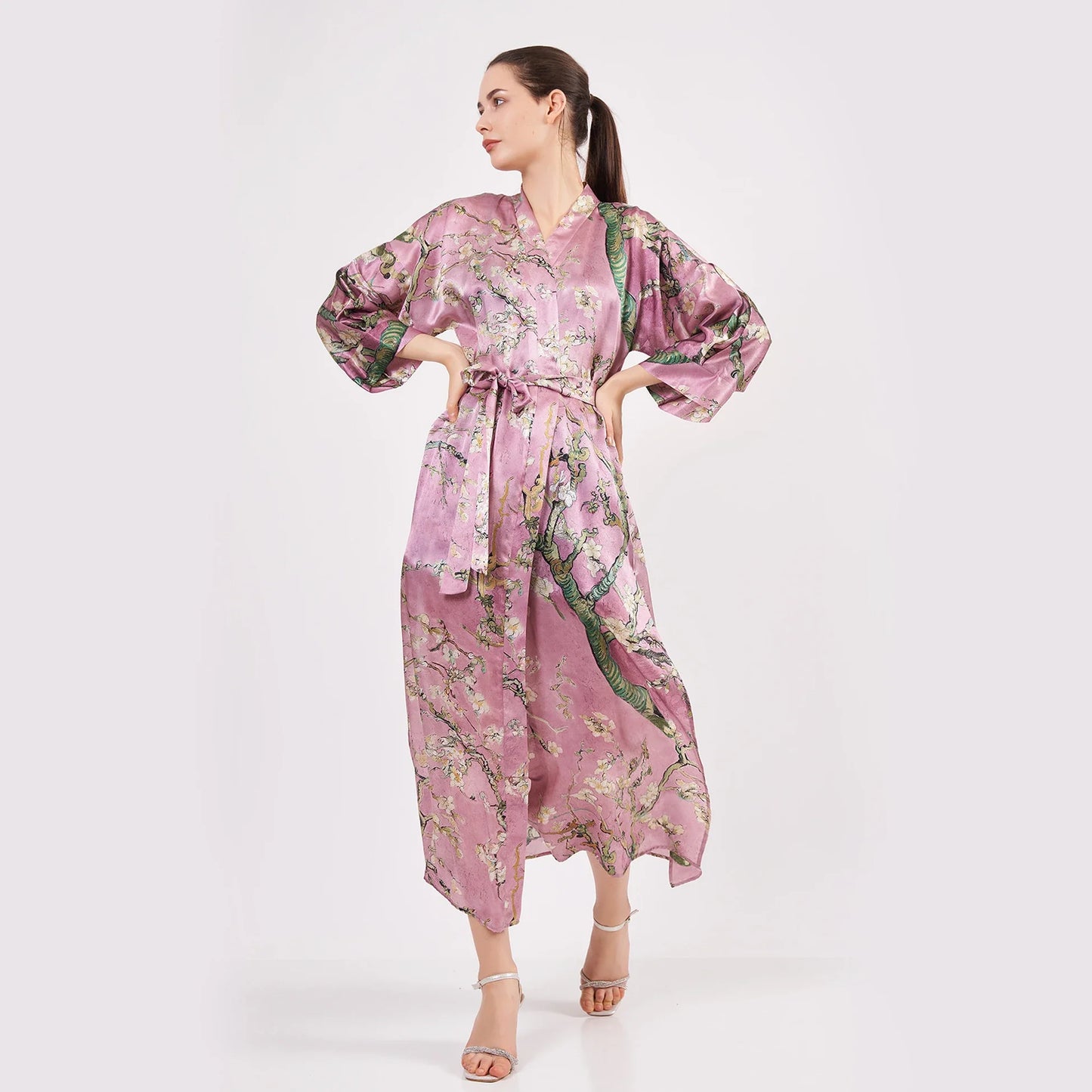100% İpek Uzun Kimono Kaftan | Pembe | Van Gogh Badem Ağacı | Nomads Felt