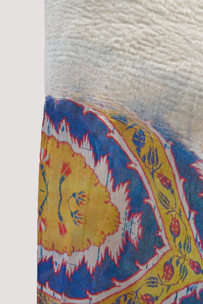 Sarı Lacivert Osmanlı Motif Desenli İpek Keçe Şal