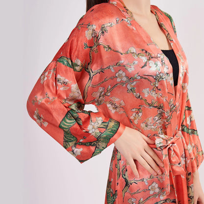 %100 İpek Kimono Kaftan | Nar Çiçeği | Van Gogh Badem Ağacı | Nomads Felt