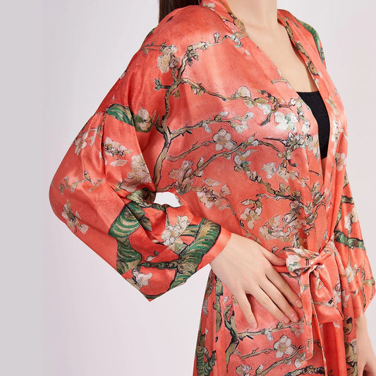 %100 İpek Kimono Kaftan | Nar Çiçeği | Van Gogh Badem Ağacı | Nomads Felt