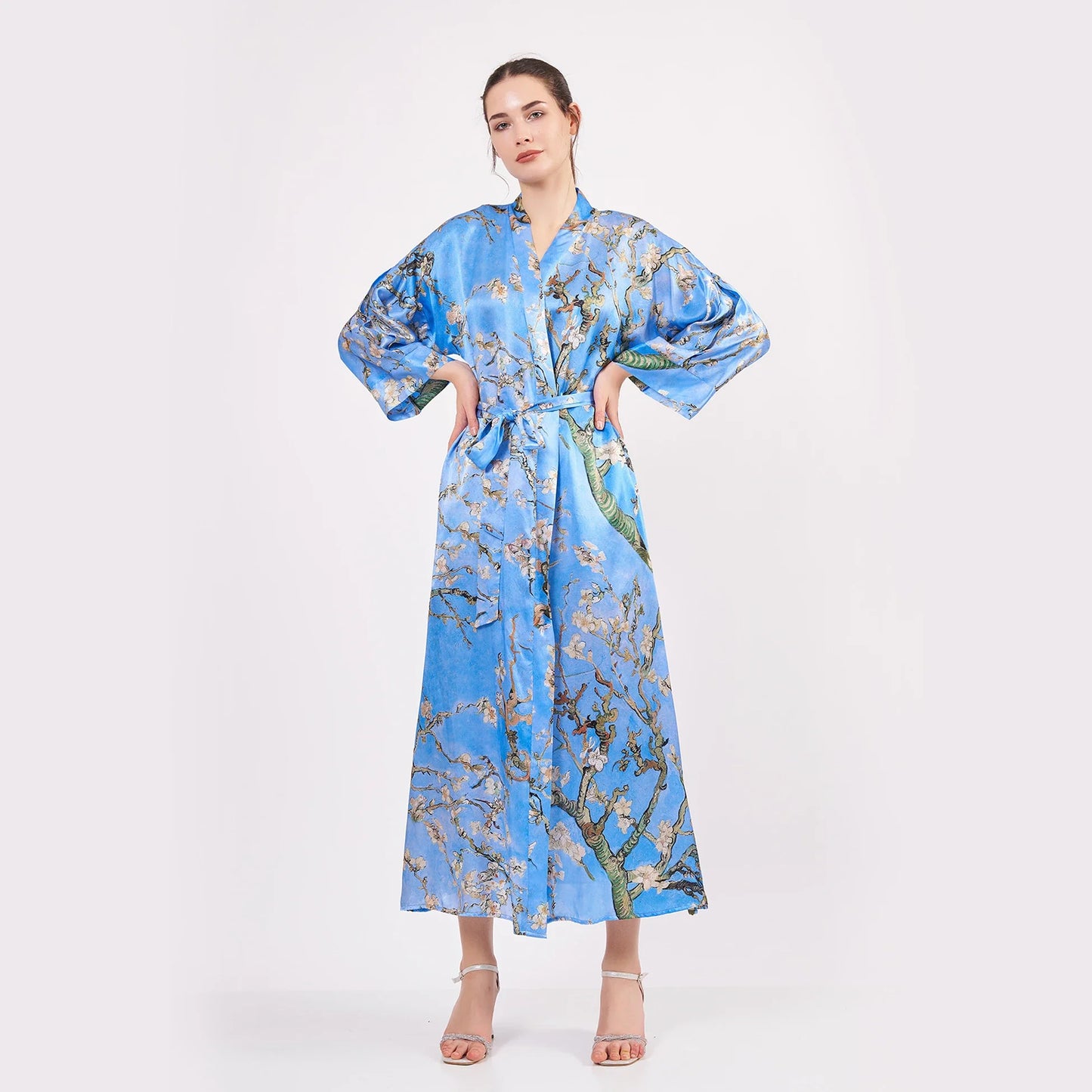 %100 İpek Kimono Kaftan | Mavi | Van Gogh Badem Ağacı | Nomads Felt