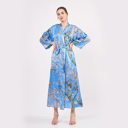 %100 İpek Kimono Kaftan | Mavi | Van Gogh Badem Ağacı | Nomads Felt