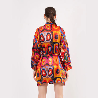 Saf İpek Kısa Kimono Kaftan | Kandinsky Squares with Circles | Nomads Felt